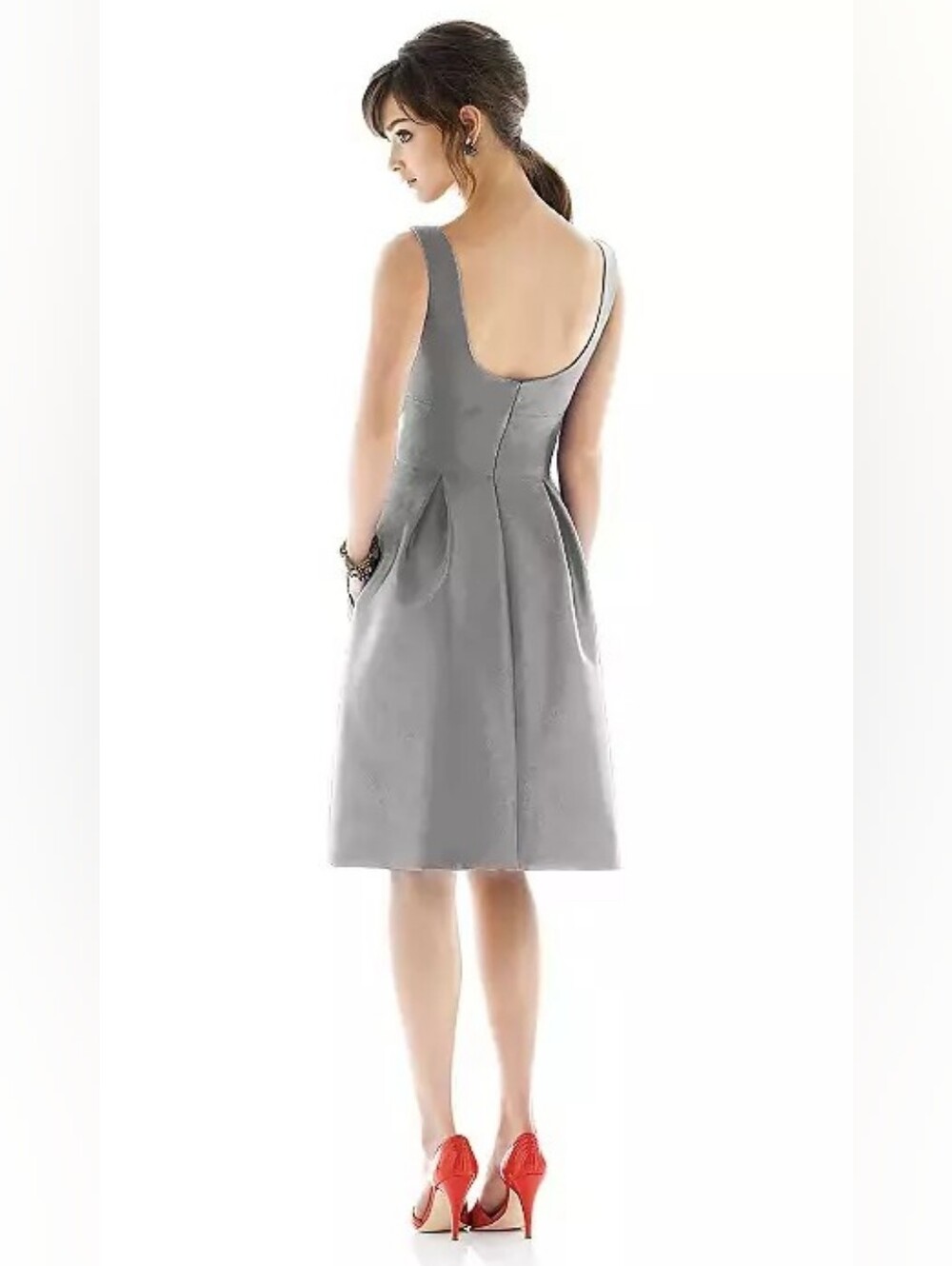 NWT ALFRED SUNG Sleeveless Midi Silver Gray Satin Dress Size 14 - Picture 2 of 9